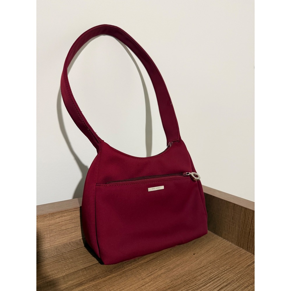 Nine West Red Nylon Shoulder Bag Mini Hobo Purse Silver Hardware